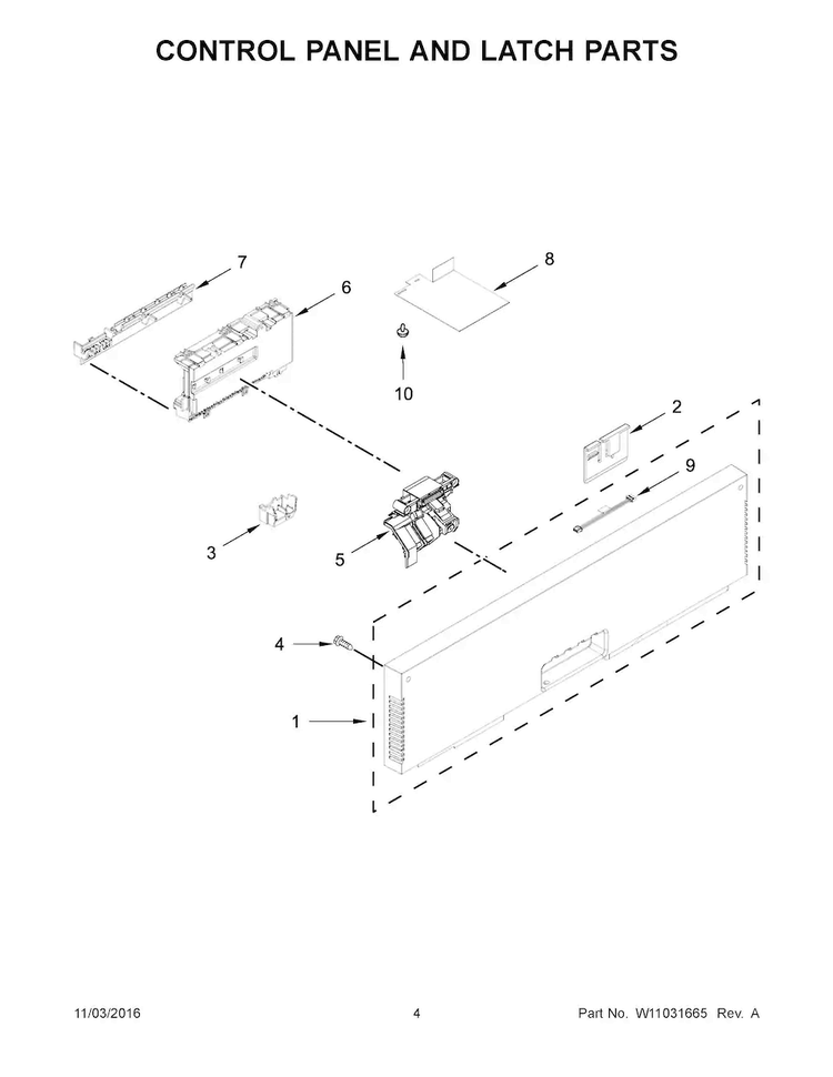 Control Panel And Latch Parts Diagram and Parts List for KDTE204EPA3  KitchenAid Dishwasher