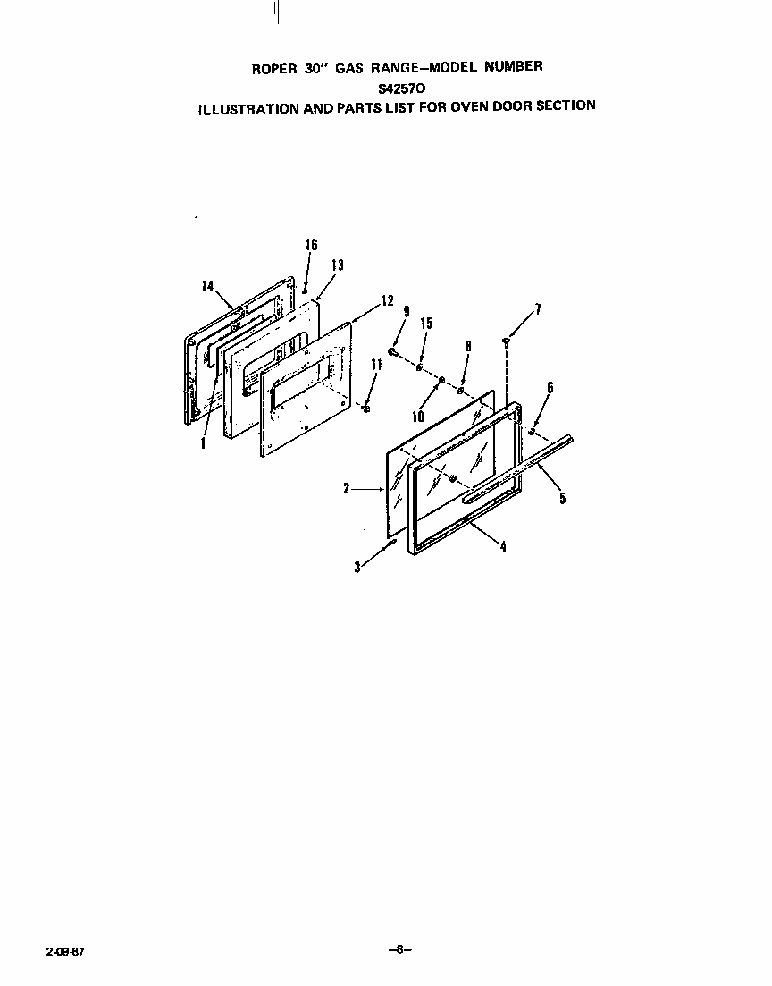 Door Diagram and Parts List for S4257*0  Roper Range