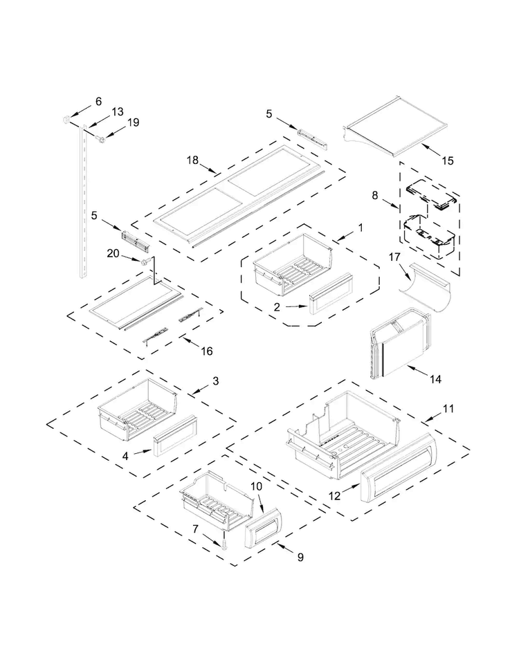 Shelf Parts Diagram and Parts List for KBFN406ESS00  KitchenAid Refrigerator
