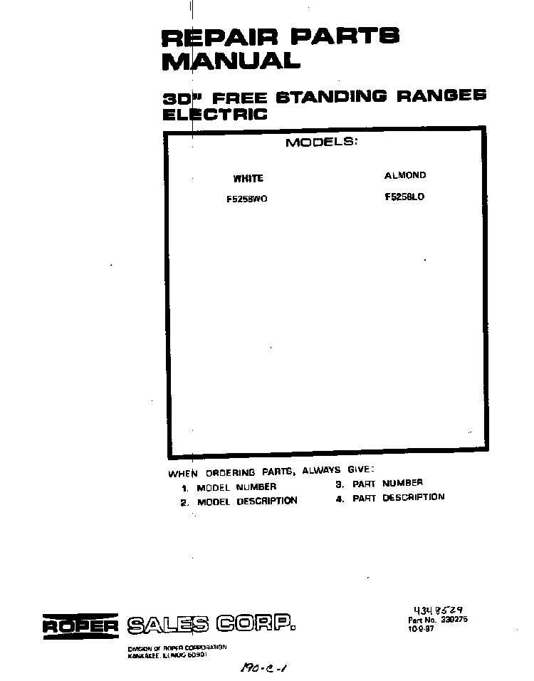 Front Cover Diagram and Parts List for F5258*0  Roper Range