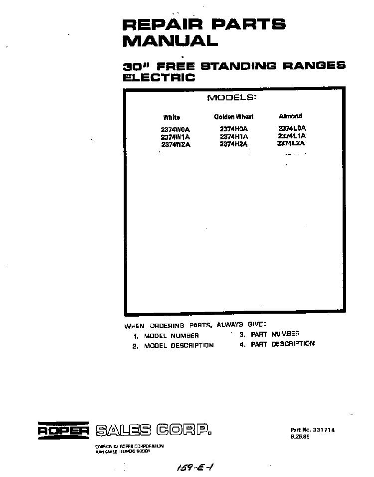 Front Cover Diagram and Parts List for 2374*0A  Roper Range