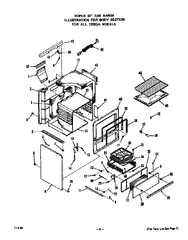 Body Diagram and Parts List for 1335*3A  Roper Range