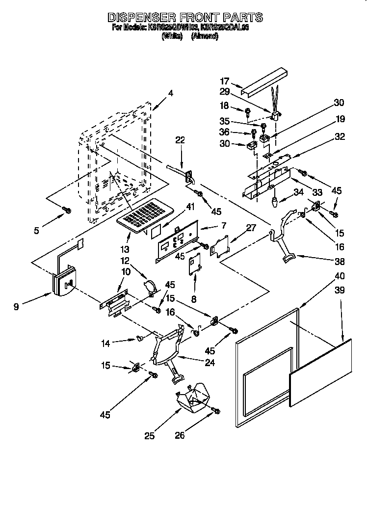 Dispenser Front Diagram and Parts List for 885779  KitchenAid Refrigerator
