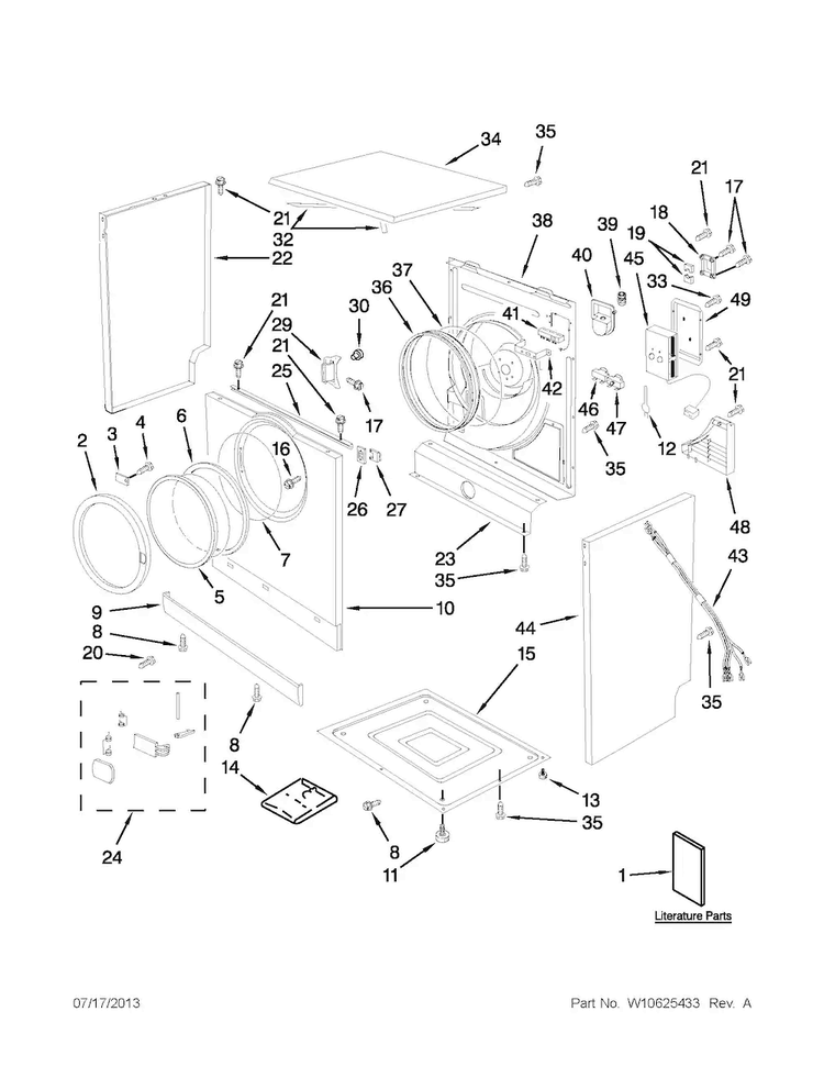 Cabinet And Door Parts Diagram and Parts List for WED7500VW1  Whirlpool Dryer