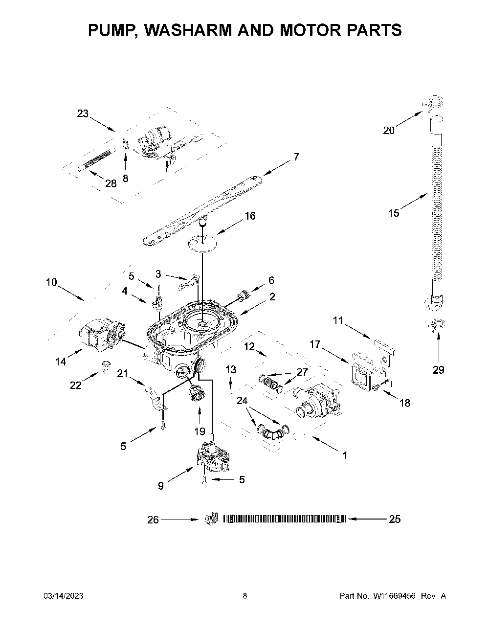 Pump, Washarm And Motor Parts Diagram and Parts List for KDFE104KPS1  KitchenAid Dishwasher