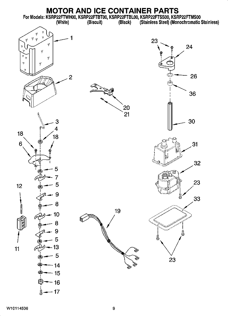 MOTOR AND ICE CONTAINER PARTS Diagram and Parts List for KSRP22FTMS00  KitchenAid Refrigerator