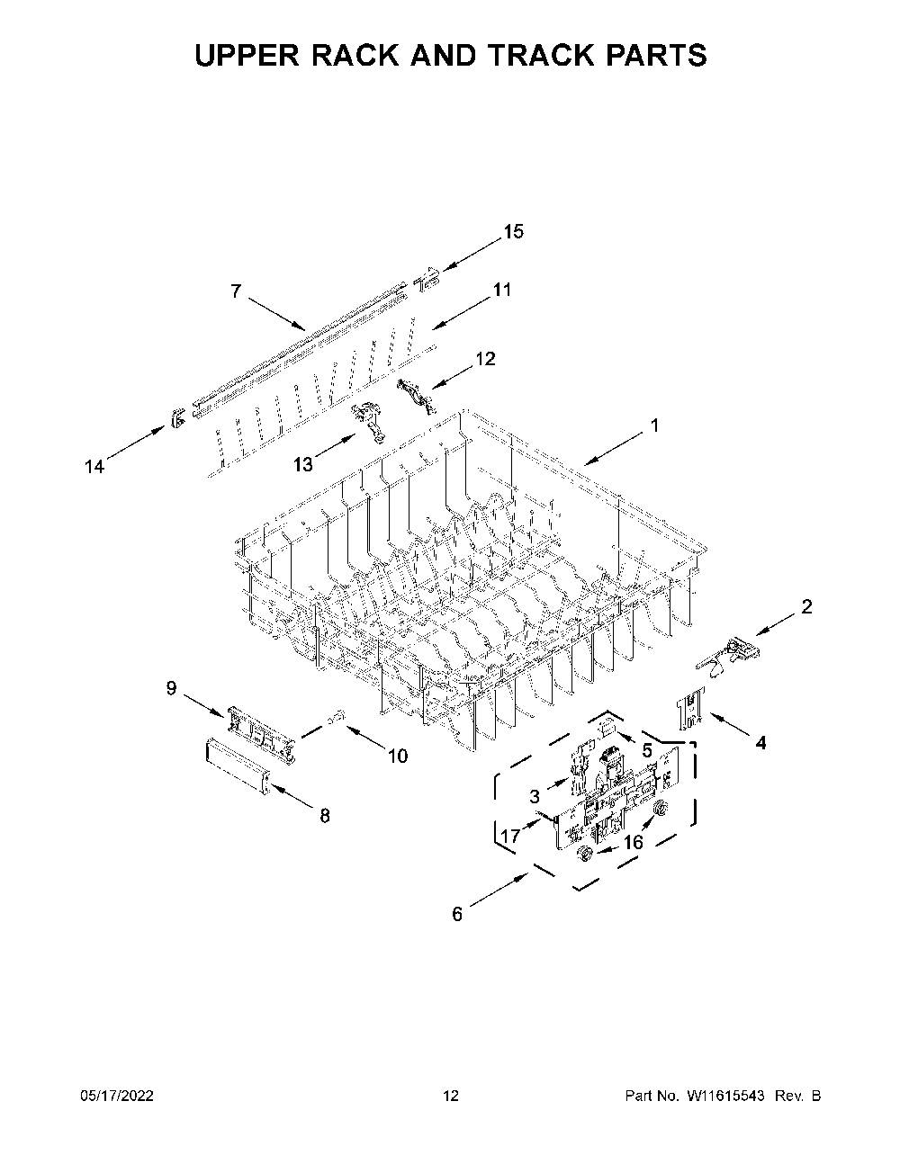 Upper Rack And Track Parts Diagram and Parts List for KDTM404KPS1  KitchenAid Dishwasher