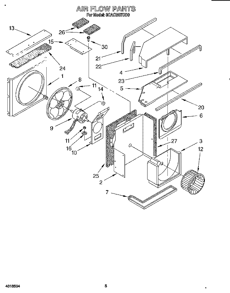 AIR FLOW Diagram and Parts List for 8CACM07DD0  Whirlpool Air Conditioner