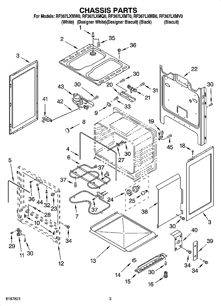 CHASSIS PARTS Diagram and Parts List for RF367LXMB0  Whirlpool Range