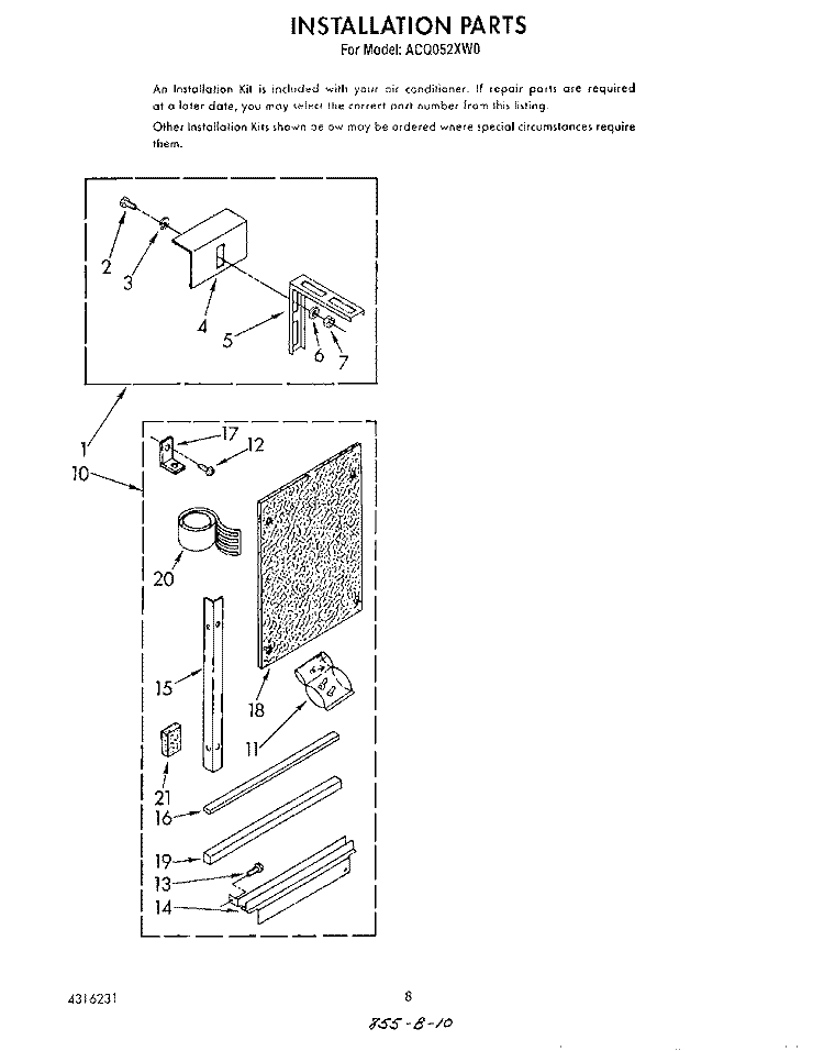 INSTALLATION Diagram and Parts List for ACQ052XW0  Whirlpool Air Conditioner