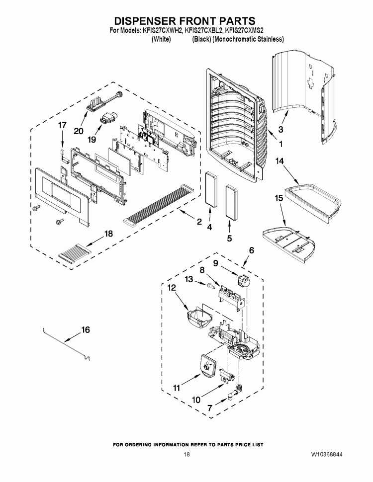 DISPENSER FRONT PARTS Diagram and Parts List for KFIS27CXBL2  KitchenAid Refrigerator