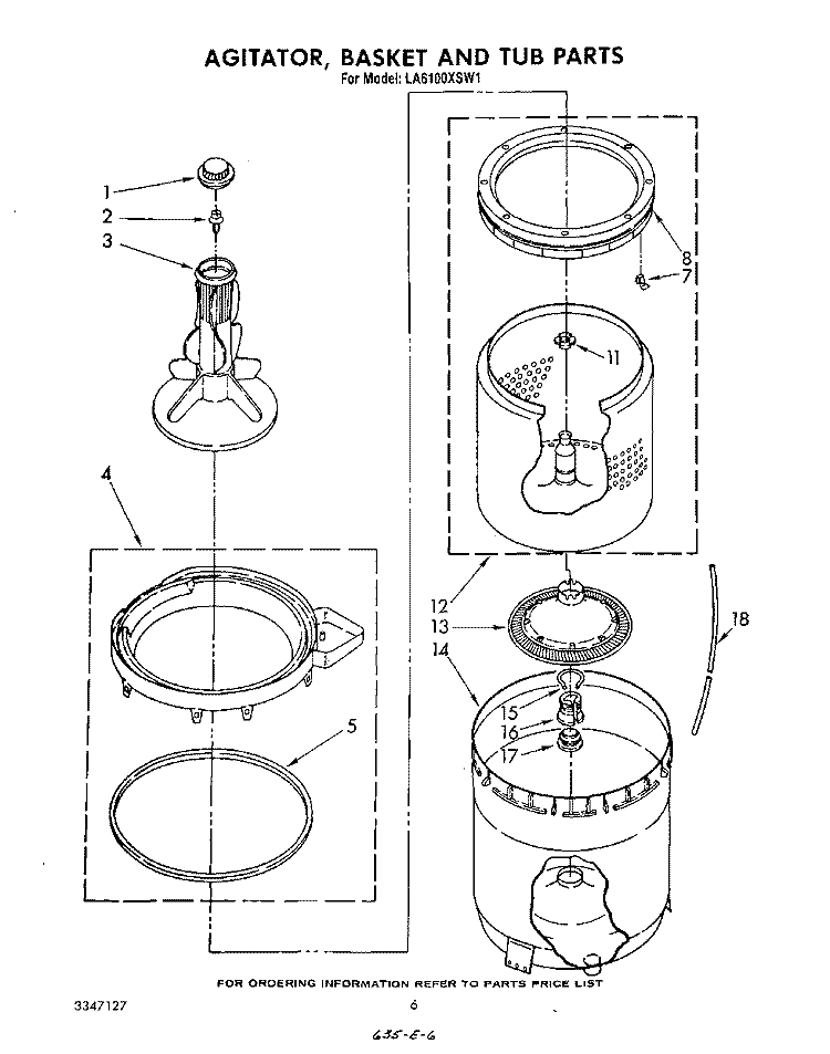 AGITATOR , BASKET AND TUB Diagram and Parts List for LA6100XSW1  Whirlpool Washer
