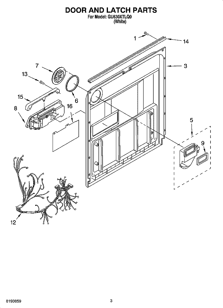 DOOR AND LATCH PARTS Diagram and Parts List for GU630XTLQ0  Whirlpool Dishwasher