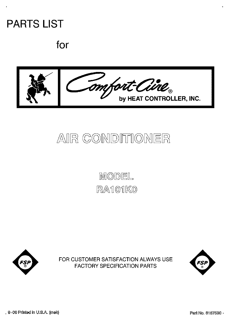 FRONT PAGE Diagram and Parts List for RA101K0  Whirlpool Air Conditioner