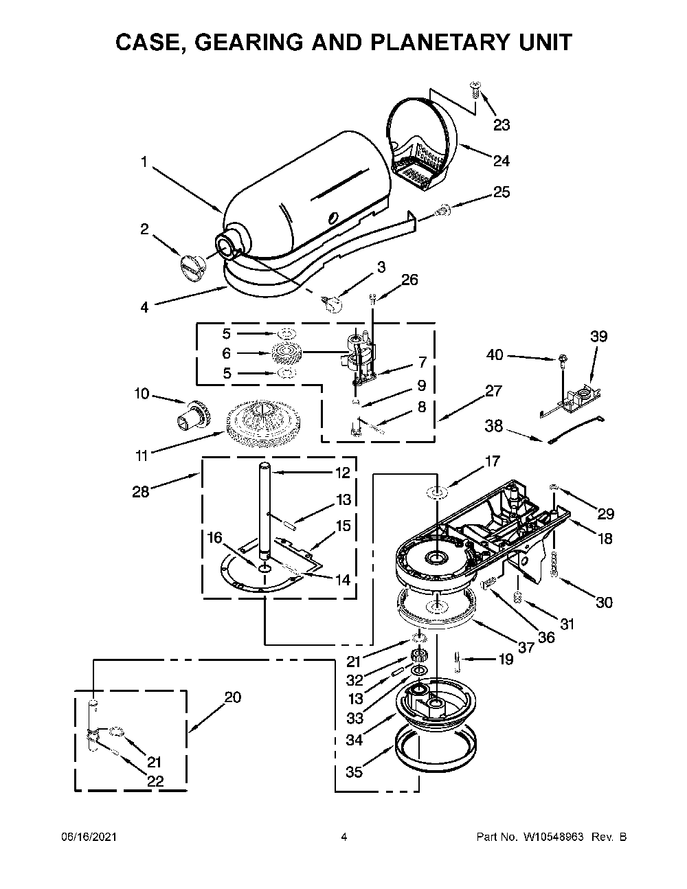 Case, Gearing And Planetary Unit Diagram and Parts List for 5KSM150PSZMI0  KitchenAid Mixer