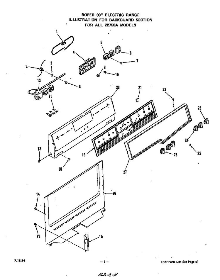 Backguard Diagram and Parts List for 2275*0A  Roper Range