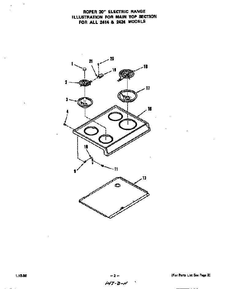 Main Top Diagram and Parts List for 2424*1A  Roper Range