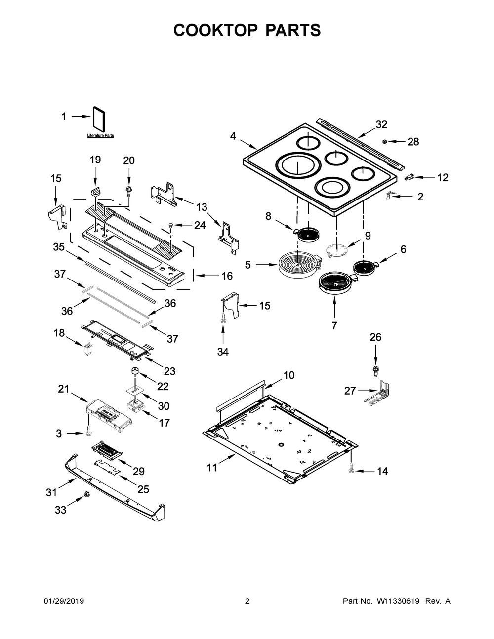 Cooktop Parts Diagram and Parts List for YWEE745H0FS2  Whirlpool Range