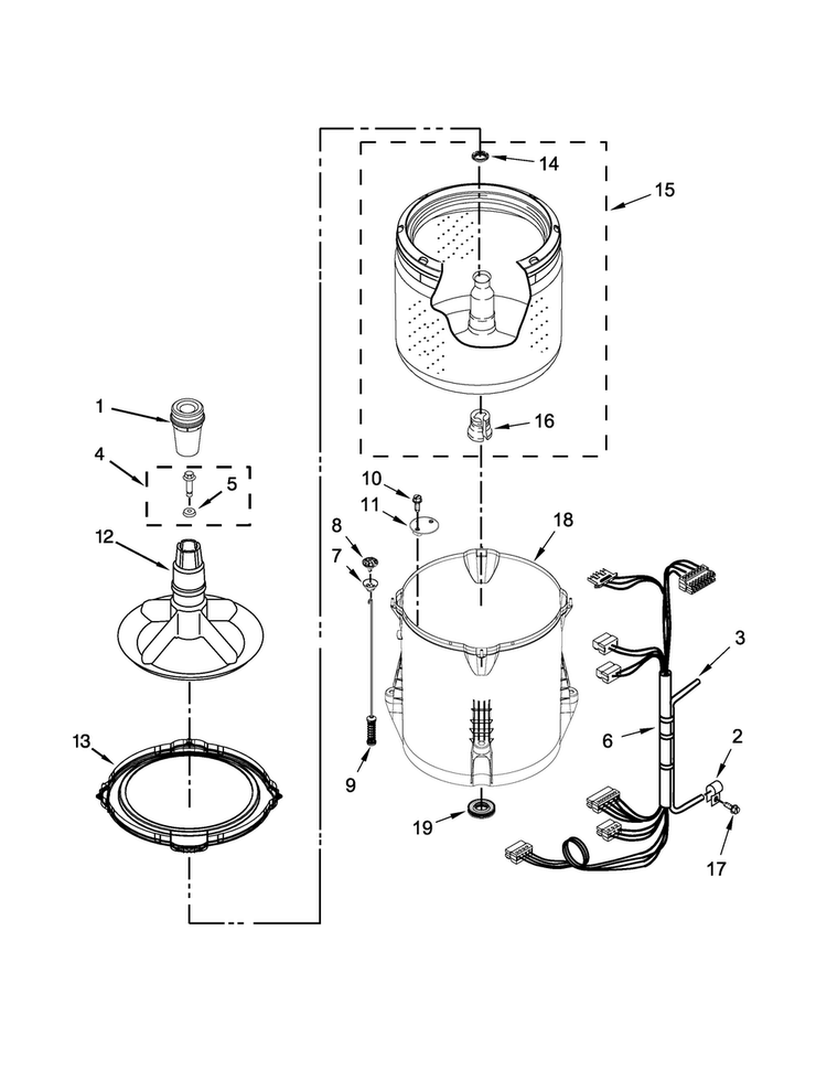 Basket And Tub Parts Diagram and Parts List for 7MWTW1504DQ1  Whirlpool Washer