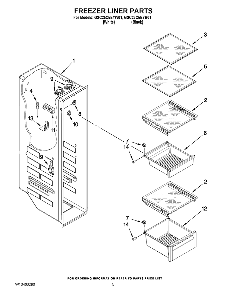 FREEZER LINER PARTS Diagram and Parts List for GSC25C5EYW01  Whirlpool Refrigerator