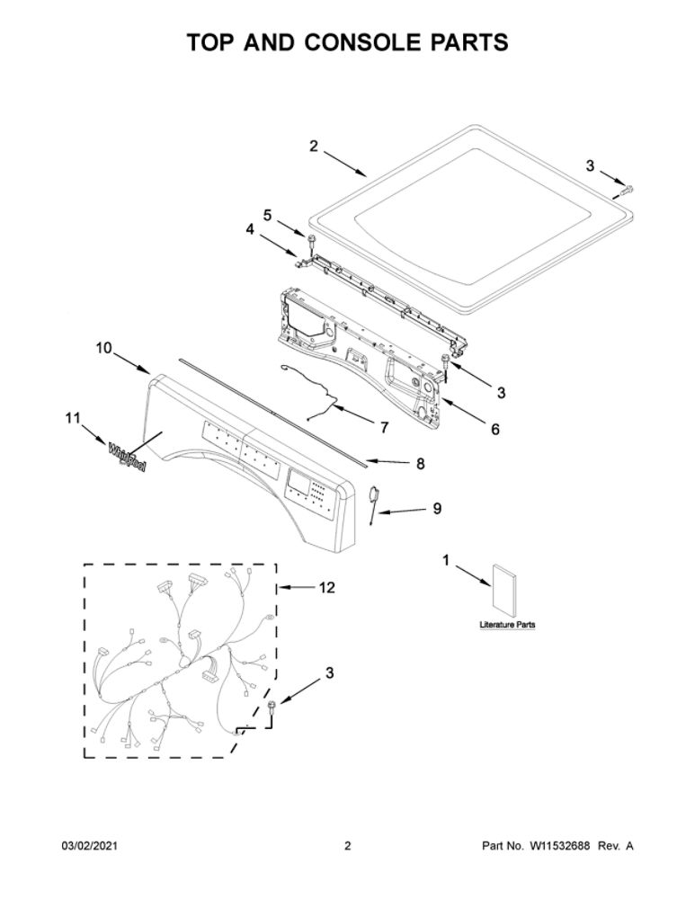 Top And Console Parts Diagram and Parts List for WGD5620HW3  Whirlpool Dryer