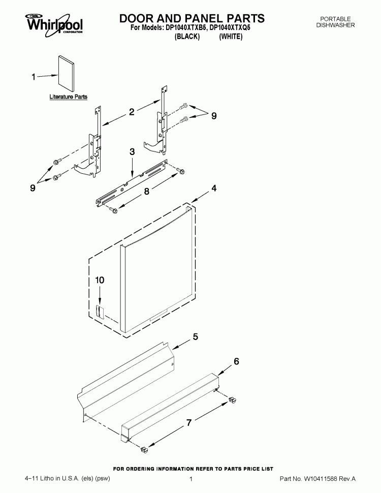 DOOR AND PANEL PARTS Diagram and Parts List for DP1040XTXB5  Whirlpool Dishwasher