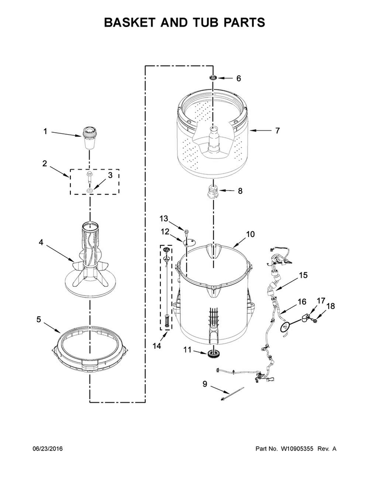 Basket And Tub Parts Diagram and Parts List for 2DWTW4705EW1  Whirlpool Washer