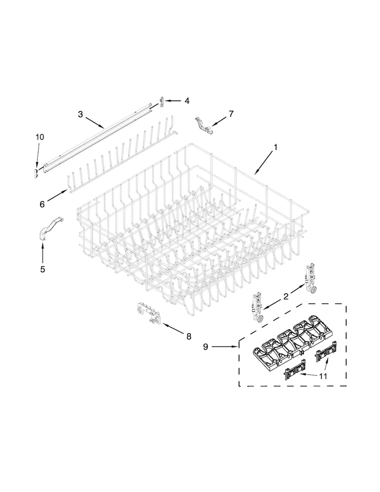 Upper Rack And Track Parts Diagram and Parts List for WDT720PADB0  Whirlpool Dishwasher