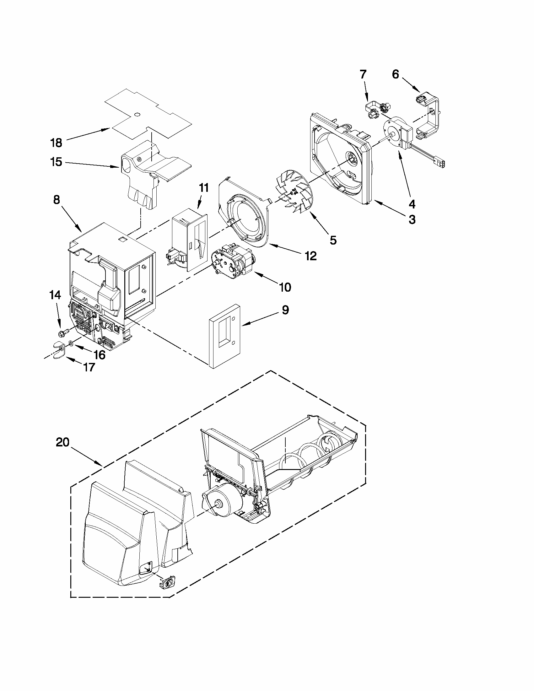 Motor And Ice Container Parts Diagram and Parts List for 59679243013  Kenmore Refrigerator