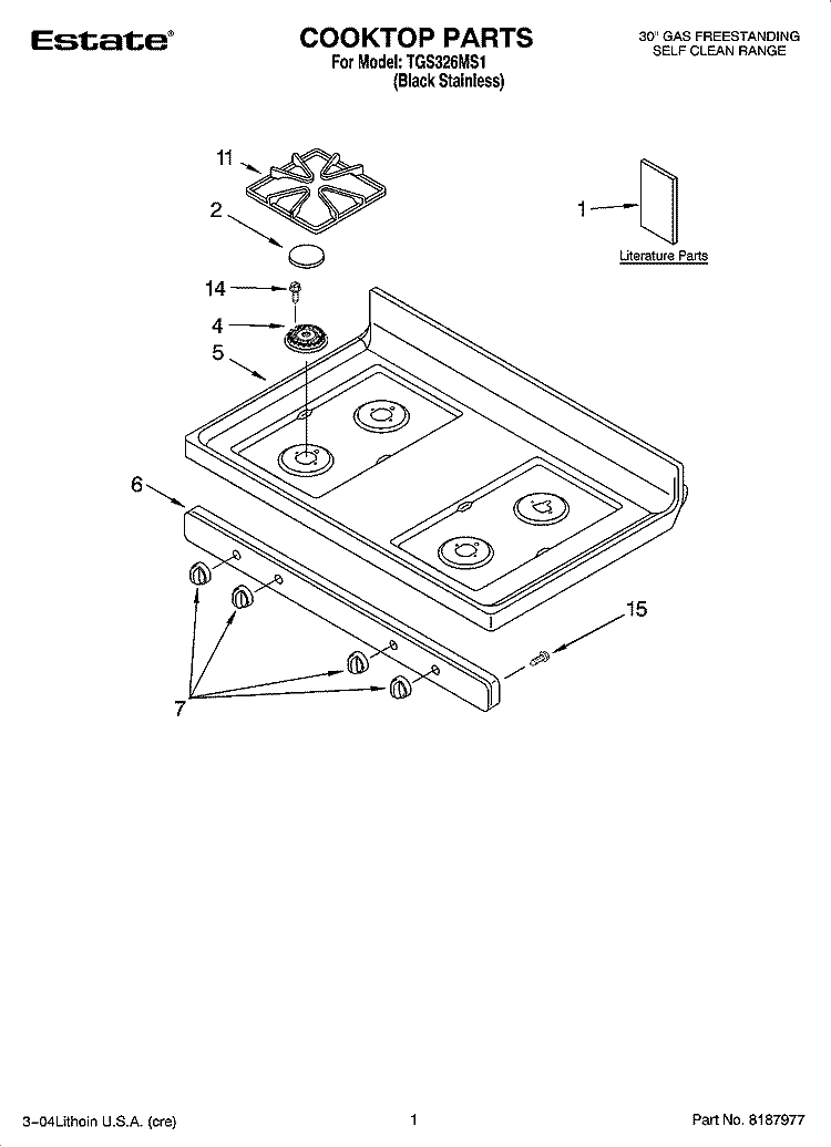 COOKTOP PARTS Diagram and Parts List for TGS326MS1  Estate Range