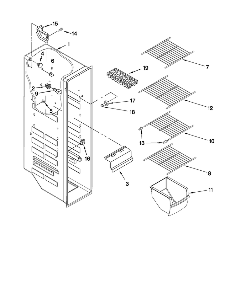 Freezer Liner Parts Diagram and Parts List for 10640263011  Kenmore Refrigerator