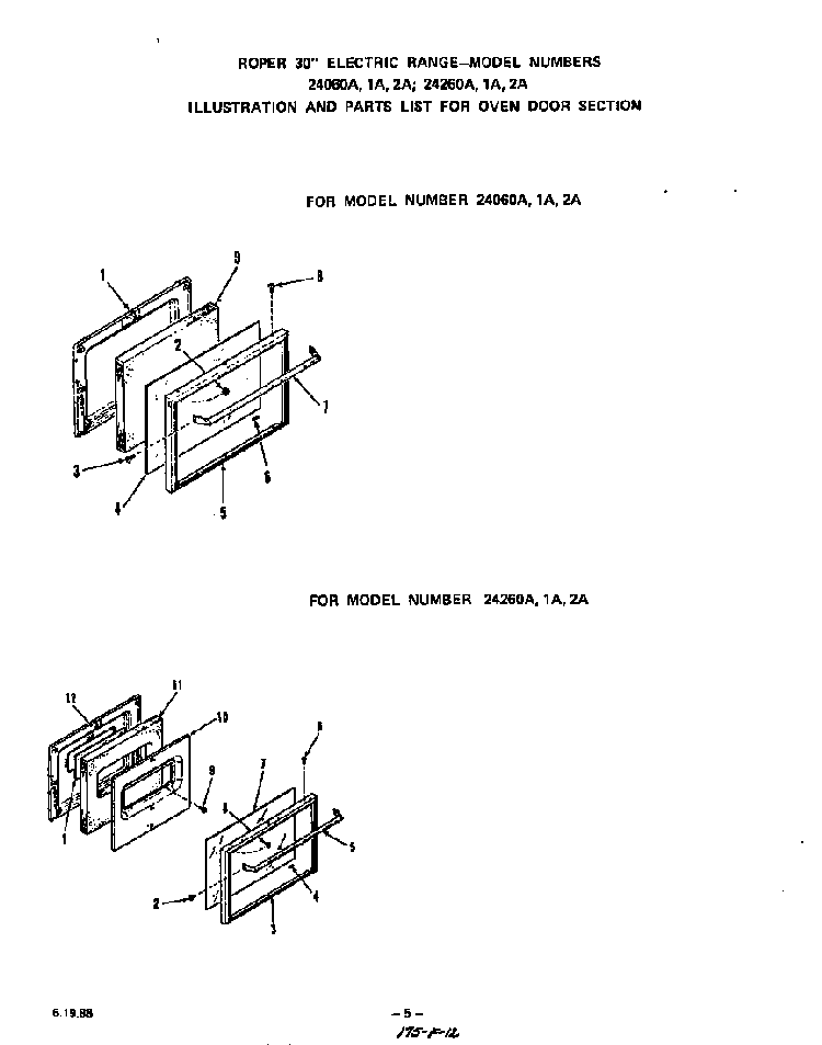 Oven Door Diagram and Parts List for 2426*2A  Roper Range
