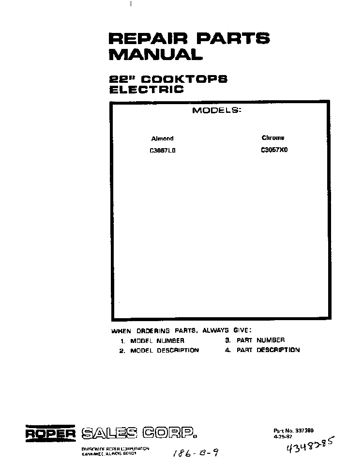 Cover Page Diagram and Parts List for C3057*0  Roper Range