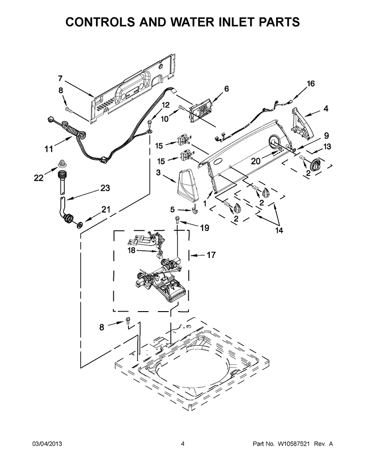 CONTROLS AND WATER INLET PARTS Diagram and Parts List for 7MWTW1502BM0  Whirlpool Washer