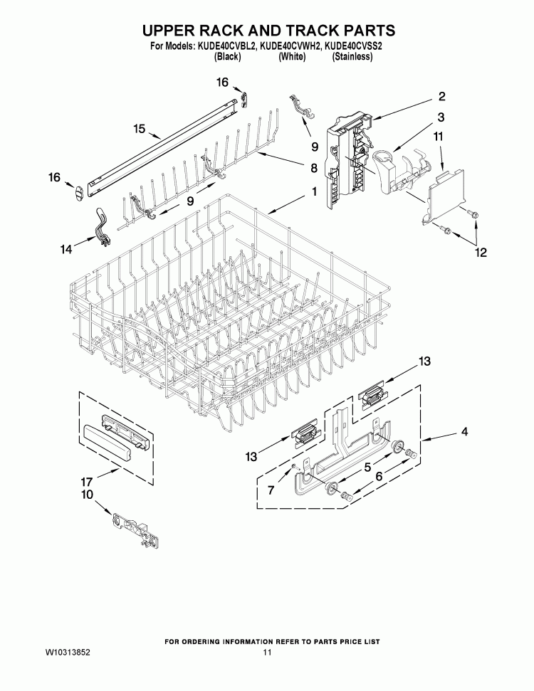 UPPER RACK AND TRACK PARTS Diagram and Parts List for KUDE40CVSS2  KitchenAid Dishwasher