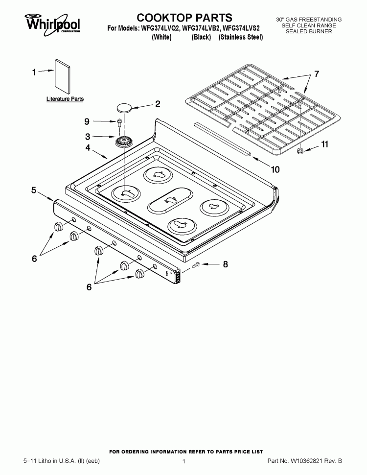 COOKTOP PARTS Diagram and Parts List for WFG374LVS2  Whirlpool Range
