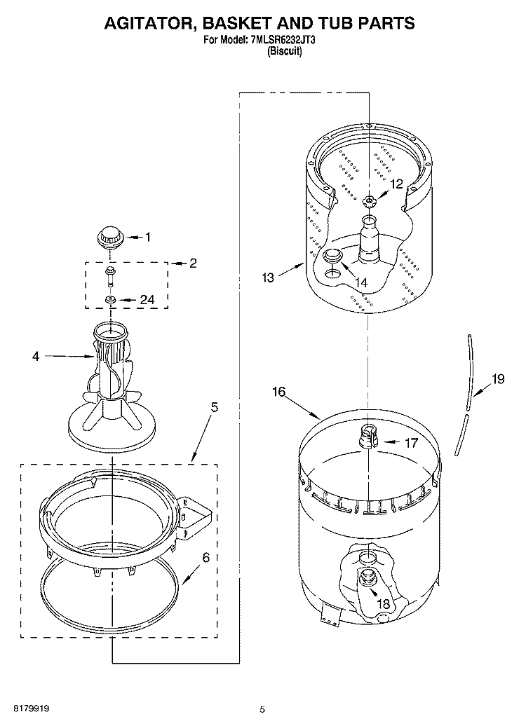 AGITATOR, BASKET AND TUB PARTS Diagram and Parts List for 7MLSR6232JT3  Whirlpool Washer