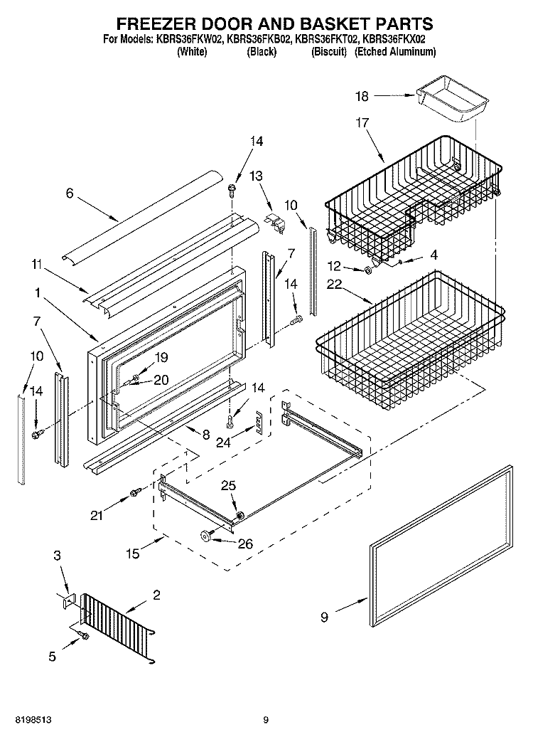 FREEZER DOOR AND BASKET PARTS Diagram and Parts List for KBRS36FKX02  KitchenAid Refrigerator