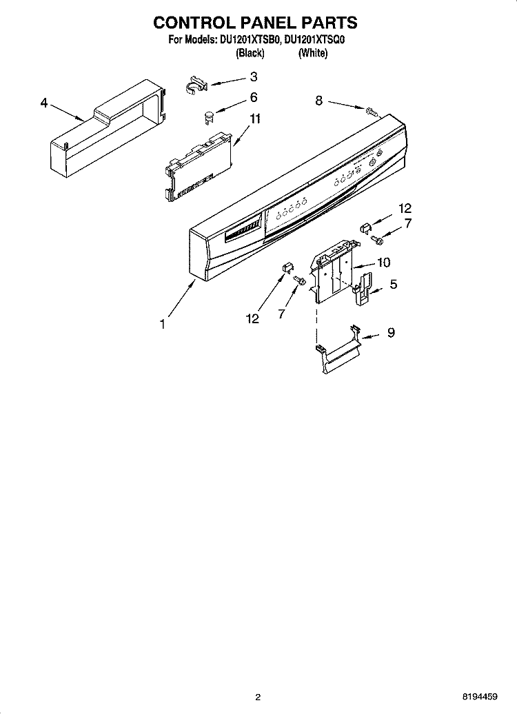 CONTROL PANEL PARTS Diagram and Parts List for DU1201XTSB0  Whirlpool Dishwasher
