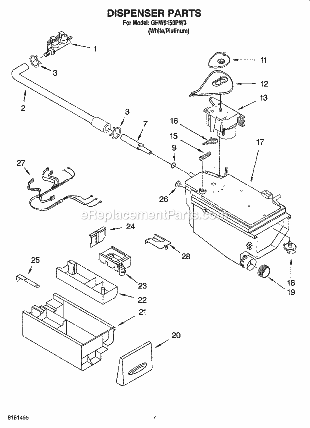 Dispenser Parts Diagram and Parts List for GHW9150PW3  Whirlpool Washer