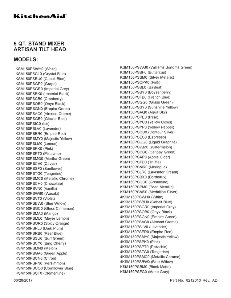 Cover Sheet Diagram and Parts List for KSM150EPER0  KitchenAid Mixer