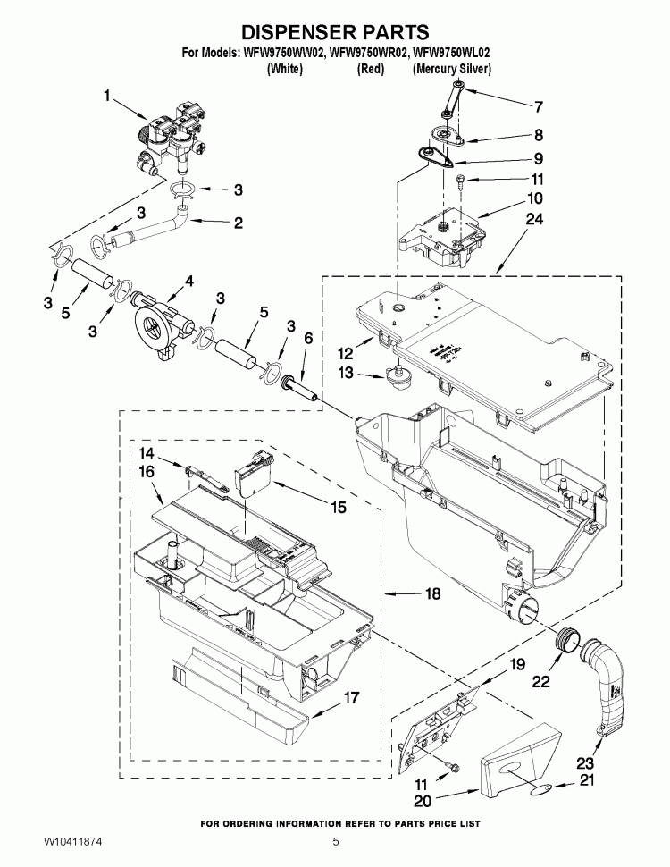 DISPENSER PARTS Diagram and Parts List for WFW9750WL02  Whirlpool Washer