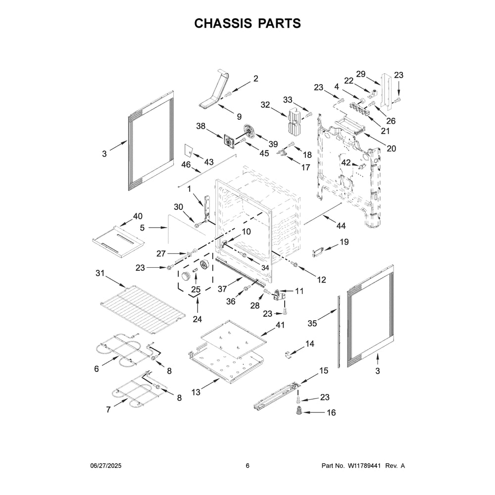 Chassis Parts Diagram and Parts List for YWFES4530SB0  Whirlpool Range