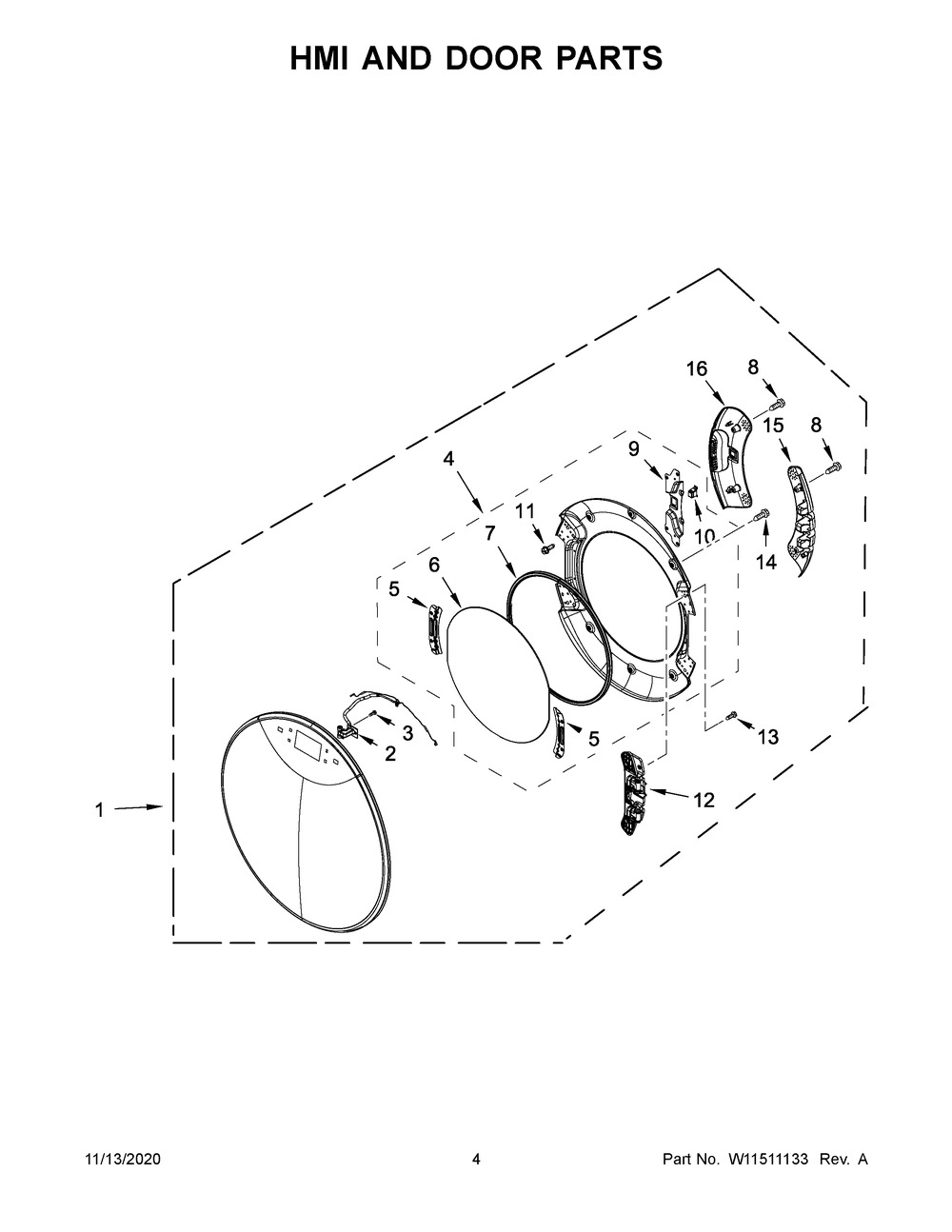 Hmi And Door Parts Diagram and Parts List for WED9620HC2  Whirlpool Dryer