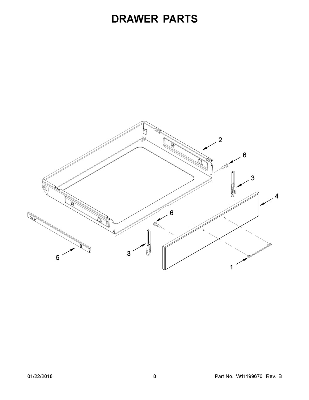 Drawer Parts Diagram and Parts List for WEEA25H0HN0  Whirlpool Range