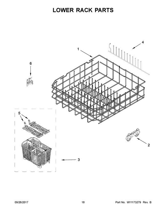 10 - Lower Rack Parts Diagram and Parts List for WDT730PAHV0  Whirlpool Dishwasher