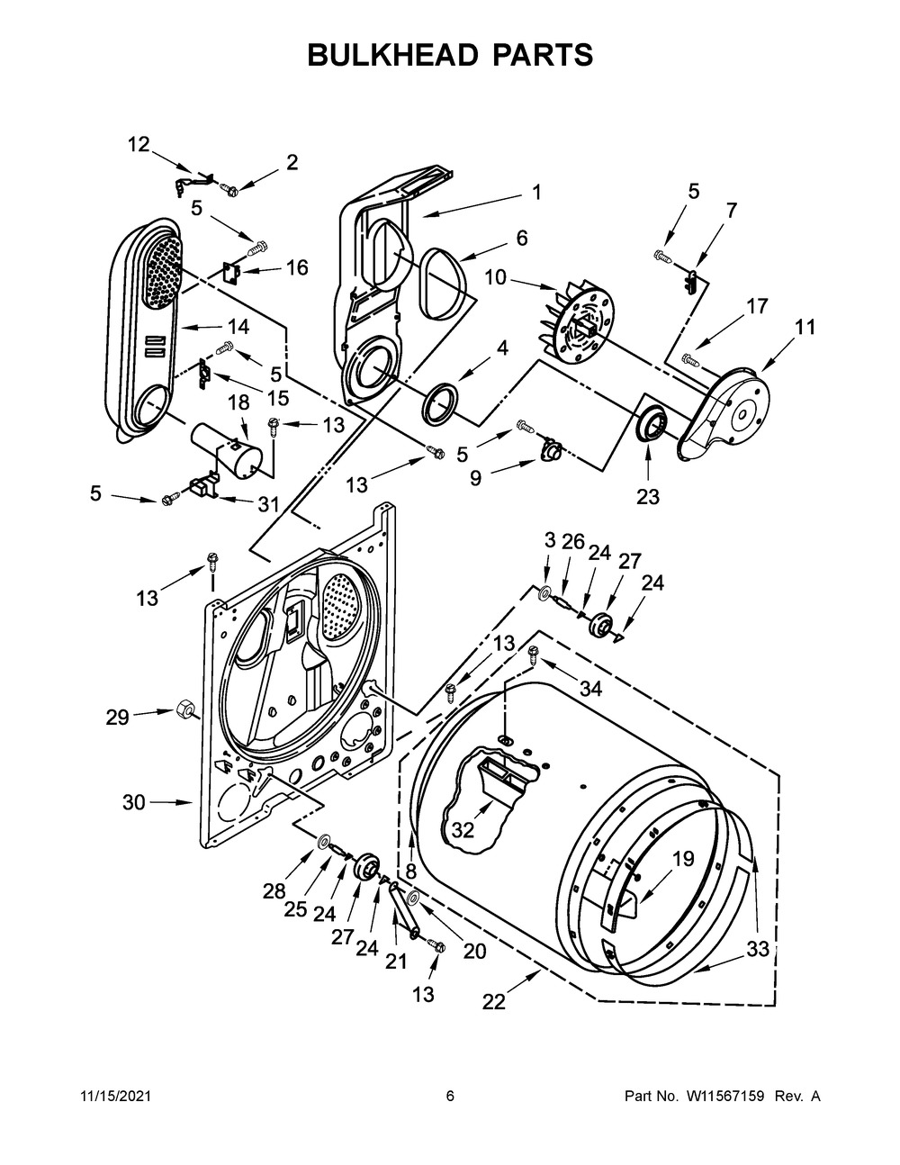Bulkhead Parts Diagram and Parts List for 3DWGD4815FW1  Whirlpool Dryer
