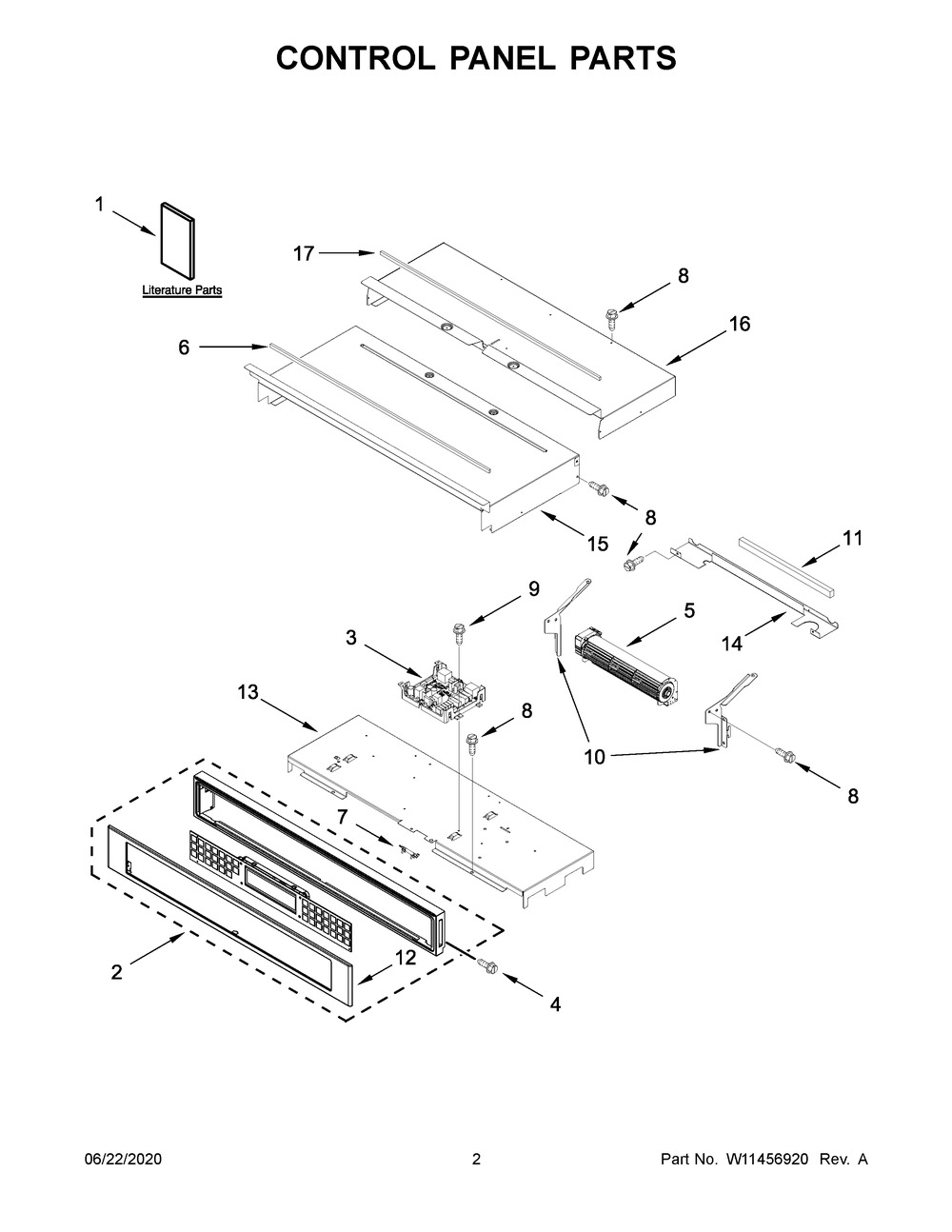 Control Panel Parts Diagram and Parts List for KOSE507EBL05  Whirlpool Microwave Oven Combo