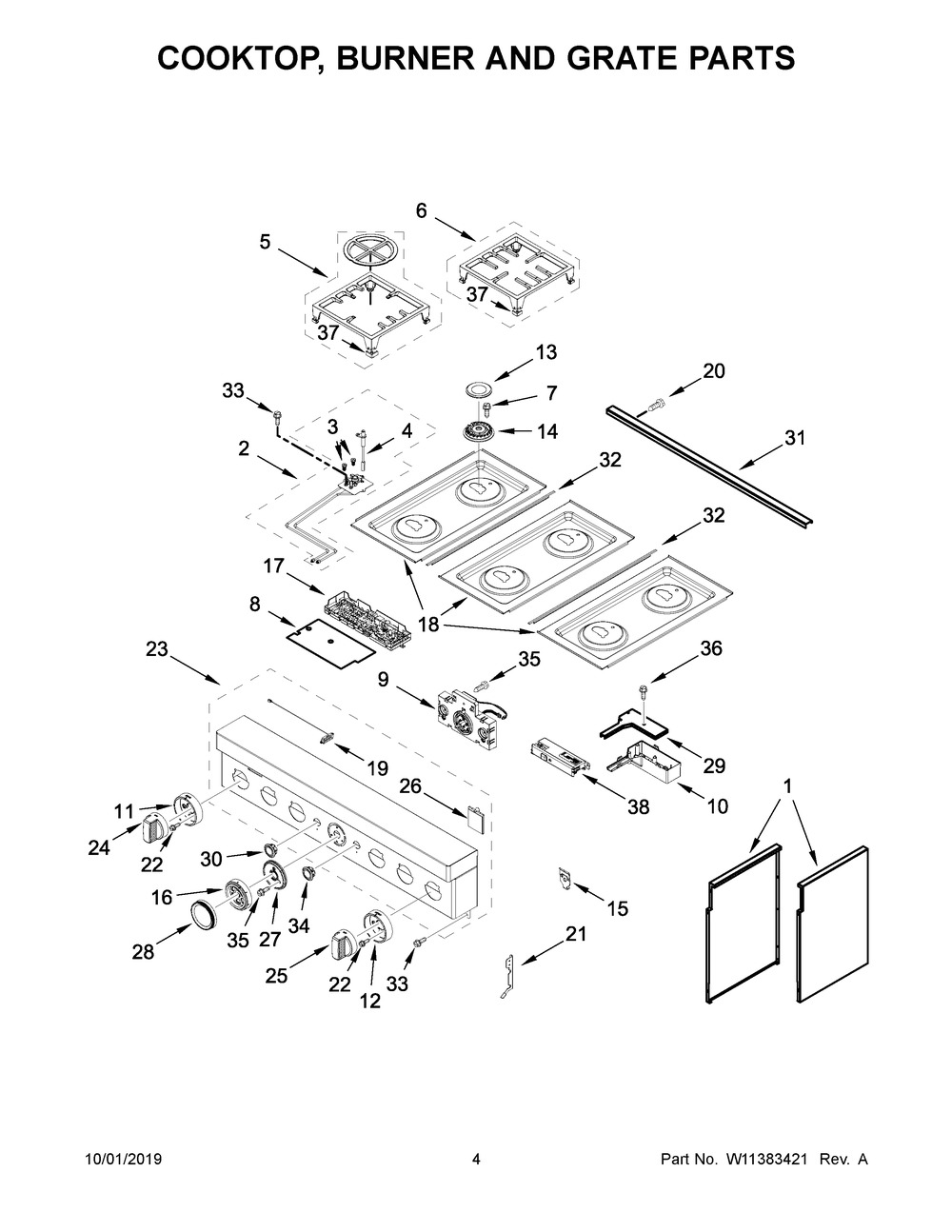 Cooktop, Burner And Grate Parts Diagram and Parts List for KFDC506JPA00  Whirlpool Range
