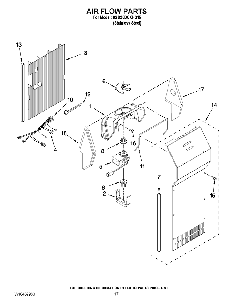 AIR FLOW PARTS Diagram and Parts List for 6GD25DCXHS15  Whirlpool Refrigerator